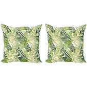 Abakuhaus Kussenhoezen Set 2x40x40 – Tropische Palmen – Dubbelzijdig bedrukt – Rits – Groen/Ecru