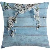 Abakuhaus kussenhoes – houtlook – lentebloemen – 40×40 cm – blauw/wit