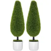 HOMCOM Set van 2 kunstplanten inclusief plantenbak en kunstmos; kunstcipres, wit en groen