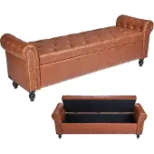 Vevor Ottoman Bank (460 x 1660 x 560 mm) van PU-leer met houten poten &amp; opbergruimte &amp; knoopsluiting