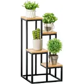Outsunny Bloemenstandaard - Metaal - 34x34x66cm - Natuurlijk Hout