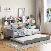 MODFU Bedframe 90x200 cm – Multifunctioneel uittrekbaar bed met opbergruimte – Massief grenenhout – Gastenbed – Grijs
