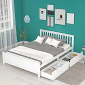MODFU Houten Tweepersoonsbed 140x200 cm – Met opberglades & lattenbodem – Lamellen hoofdbord – Wit