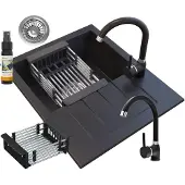 Granitan Spoelbakken Keuken Granieten Milano - Enkele Spoelbak - met Sifon en Kraan - 57x46x16cm - Zwart