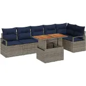 vidaXL Tuinbank Set 7 st 6-Aantal zitplaatsen Grijs en Marineblauw