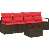vidaXL Bankstel 5 st 4-Aantal zitplaatsen Bruin en Rood poly rattan