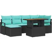 vidaXL Tuinbank Set 7 st Zwart en Teal poly rattan