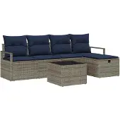 vidaXL Bankstel met kussen met opslag Grijs en Marineblauw poly rattan