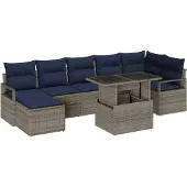 vidaXL Tuinset met 8 zitplaatsen, grijs en marineblauw, van polyrotan