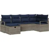 vidaXL Bankstel met kussen met opslag Grijs en Marineblauw poly rattan