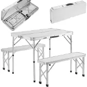 Casaria Campingtafel Aluminium – Incl. 2 Banken/Inklapbaar - Wit