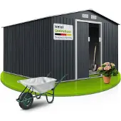 Juskys XXL Metalen Tuinhuis – 282 x 314 x 190 cm – Fundamentframe - Dubbele Schuifdeur – Voor Tuingereedschap En Fietsen – Antraciet Verzinkt Staal