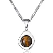 Mendes Zilverkleurige Heren Ketting met Ronde Tijgeroog Hanger