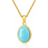 Mendes Goudkleurige Heren Ketting met Ovale Lichtblauwe Edelsteen Hanger