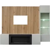 Meublorama Composition murale IXAR – Tv-meubel, hangende vitrinekast, wandpanelen en bio-ethanol haard