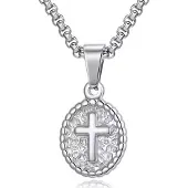 Mendes Zilverkleurige Heren Ketting met Ovale Kruis Hanger