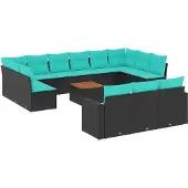 vidaXL 14-delige Loungeset met kussens poly rattan zwart