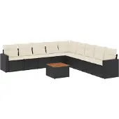 vidaXL 10-delige Loungeset met kussens poly rattan zwart