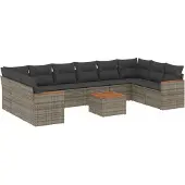 vidaXL 11-delige Loungeset met kussens poly rattan grijs