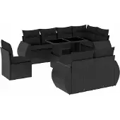 vidaXL 9-delige tuinmeubelset met kussens, zwart, polyrotan