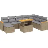 vidaXL 9-delige Loungeset met kussens poly rattan acacia beige