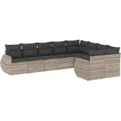 vidaXL 9-delige Loungeset met kussens poly rattan lichtgrijs