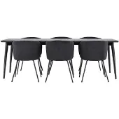 Ebuy24 Ellis eethoek tafel 85x230cm en 6 fluwelen stoelen met armleuningen zwart.