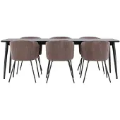 Ebuy24 Ellis eethoek tafel 85x230cm en 6 fluwelen stoelen met armleuningen zwart.