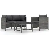vidaXL 4-delige Loungeset met kussens poly rattan grijs
