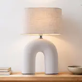 LumenXL Japandi tafellamp Poyta wit karamiek met linnen kap