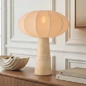 LumenXL Japandi tafellamp Merox met stoffen kap en travertinlook voet