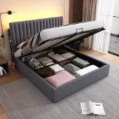 MODFU Ledikant 160x200 cm – grijs linnen – met LED-kopstuk, USB/Type-C en opbergruimte – slim design