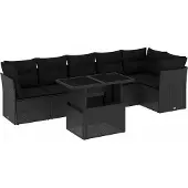 vidaXL 7-delige Loungeset met kussens poly rattan zwart