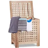 Relaxdays Wasmand Walnoot met deksel en uitneembare waszak, opbergmand