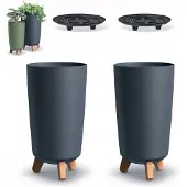 BOTLE 2x Gracia Pot met Houten Poten - Antraciet - Diameter 24cm