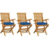 Syfax Klapstoelen met blauwe kussens, 3 stuks, massief teakhout