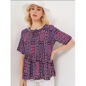 Big Dart Patroon Blouse met Ronde Hals en Strikdetail