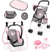 Bayer Opvouwbare poppenbuggy, poppenwagen, dubbele wielen, tas, aankleedkussen, wieg, accessoires in jeans-grijs, roze