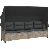 vidaXL - Ligbed - met - luifel - en - kussens - poly - rattan lichtgrijs