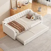 MODFU Ledikant 90x200 cm – Beige linnen – Met uitschuifbed & USB – Slaapbankfunctie