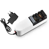 Unyqoos Elektrische messenverscherper – Multifunctioneel voor keuken en professioneel gebruik, met 2 schijven (grof/fijn), hoekgeleider en antislipbasis