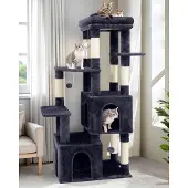 Unyqoos Kattenboom 156 cm – stabiele speel- en rustplek voor grote katten, met 2 luxe verblijven, 7 sisal krabpalen, een extra brede basis en mogelijkheid tot wandmontage