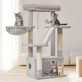 Unyqoos Lichtgrijze kattenklimpaal met mand, huisje en pluche speeltjes