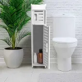 Unyqoos Vrijstaande toiletrolhouder met opbergruimte – PVC-schuimplaat, 15 x 17 x 80 cm, met opbergvak voor toiletrollen en papieren handdoeken