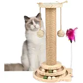 Unyqoos Interactieve houten kattenkrabpaal met draaischijf en speelballen voor katten