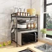 Unyqoos Uittrekbaar keukenorganisatiesysteem met magnetronhouder – 2-laags rek van koolstofstaal, zwart, 40–60 cm breed x 78 cm hoog, draagvermogen 55 kg, 3 afneembare haken
