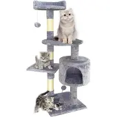 Unyqoos Kraboom 115 cm, lichtgrijs – met kattenhol, speelballen en zachte pluche bekleding, verstevigde paal voor een veilige speel- en rustplek