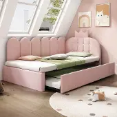 MODFU Bedbank 90x200 cm – Met uitschuifbed – L-vormig – Kroon- & spijlenontwerp – Fluweel – Roze