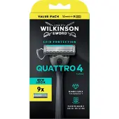Wilkinson Sword Quattro Scheersysteem voor mannen, voordeelverpakking, 4 mesjes met diamantcoating, scheersysteem met 9 navulmesjes