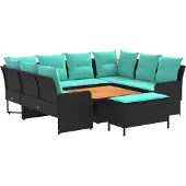 vidaXL Meubelsets met kussen 7 pcs Zwart en Turkoois PE Riet